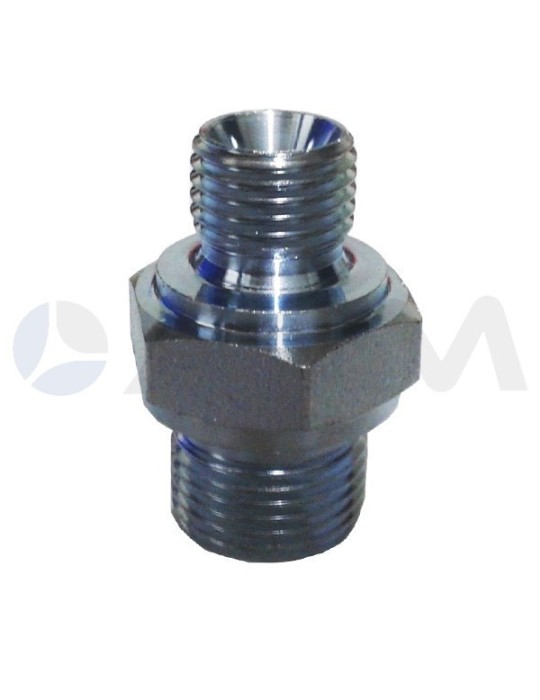 UNION REDUCTORA ACERO CROMADO (60°) E. BSP 1/4"M-BSP 3/8"M PRESION MAXIMA 400 BAR.